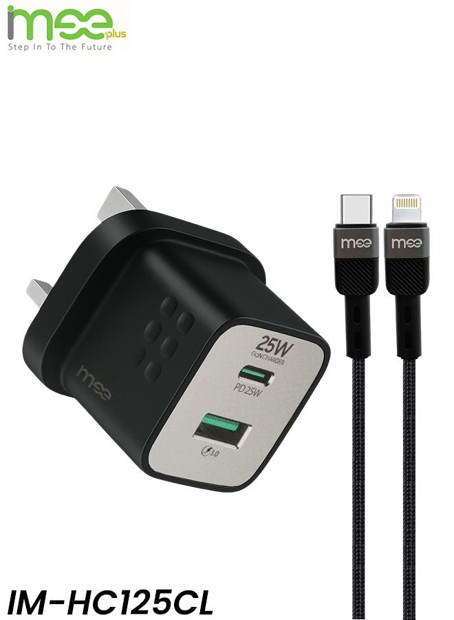 آیمی محول شحن سريع IMEE Plus GaN بقدرة 25 وات IM-HC125CL مع PD 25 وات و QC3.0 شاحن حائط صغير الحجم بثلاثة دبابيس بمخرج مزدوج وكابل USB-C إلى Lightning بطول 1 متر وحماية من الجهد الزائد وارتفاع درجة الحرارة شاحن IC ذكي وآمن لأجهزة iPhone وiPad وSamsung وأجهزة Android - Image 1