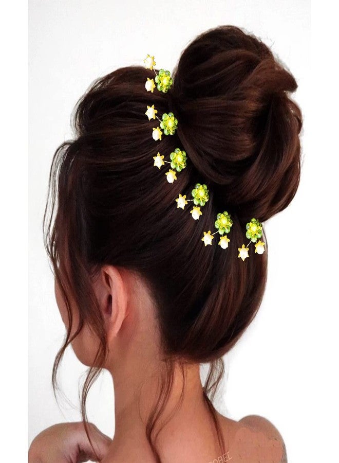 Hair Flare Artificial Star Stone Flowers with Pearls Hair Pins/Juda Pin/Hair Clips Accessories - 2504, Light Green, Pack of 10 Pins - Image 3