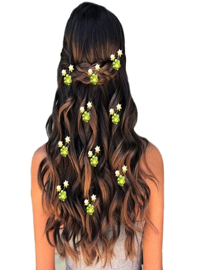 Hair Flare Artificial Star Stone Flowers with Pearls Hair Pins/Juda Pin/Hair Clips Accessories - 2504, Light Green, Pack of 10 Pins - Image 1
