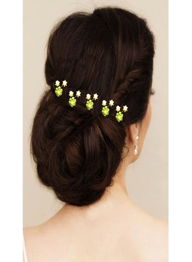 Hair Flare Artificial Star Stone Flowers with Pearls Hair Pins/Juda Pin/Hair Clips Accessories - 2504, Light Green, Pack of 10 Pins - Image 4
