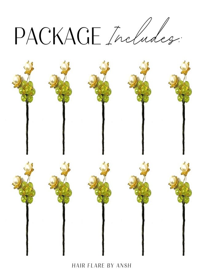Hair Flare Artificial Star Stone Flowers with Pearls Hair Pins/Juda Pin/Hair Clips Accessories - 2504, Light Green, Pack of 10 Pins - Image 5