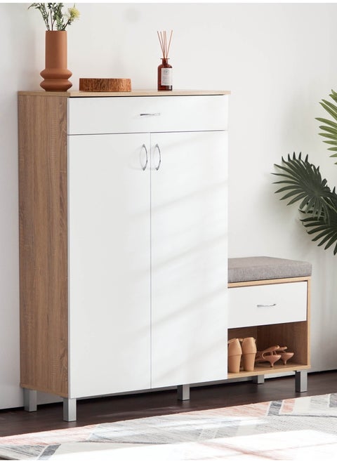 Capri 15-Pair Shoe Cabinet with Bench and Cushion 37x130x128 cm | 2 Drawers | 2 Doors| 6 Shelves | White | Engineered Wood With Foil Veneer