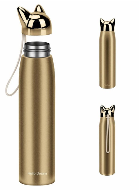 Cute Cat Water Bottle, Stainless Steel Insulated Water Bottles Thermos Vacuum Travel Coffee Mug for Kids Girls Women Leak-proof Cat Insulated Water Bottle, 320 ml/10.8 oz, Gold