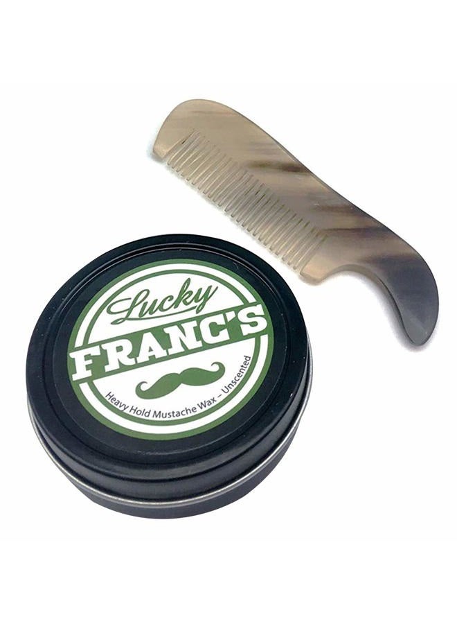 Lucky Franc's 2 oz. Strong Hold Mustache Wax and Real Ox Horn Comb Grooming Set. Wax that Stache in Style. Unscented Natural Moustache Wax and Stache or Beard Comb. Handmade Gift Set for Men - Image 1