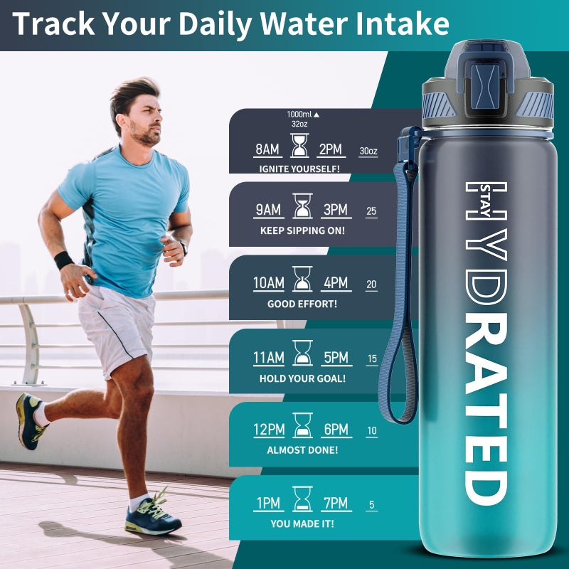 QLUR Water Bottle with Straw, 32oz Motivational Water Bottles with Time Marker to Drink, Tritan BPA Free, 1L Sports Water Bottle with Carry Strap LeakProof for Women Gym Fitness Outdoor (1 Pack) - Image 2
