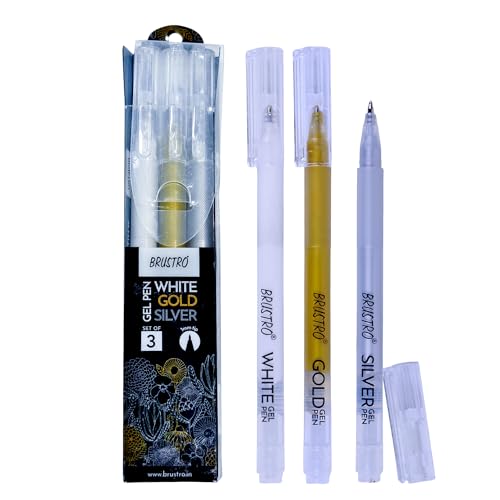 BRUSTRO Assorted Gel Pen (White, Gold and Silver)|1mm Metal Tip - Set of 3,Opaque and Viscous Ink|Ideal For Drawing,Writing,Highlighting,Doodling,Scrapbooking,Mandala Art,Illustration - Image 1