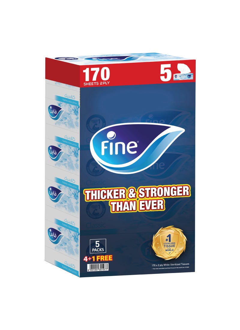 Fine Classic Facial Tissue, Sterilized Tissue Box 170 Sheets x 2 Ply Pack of 5 - Image 1