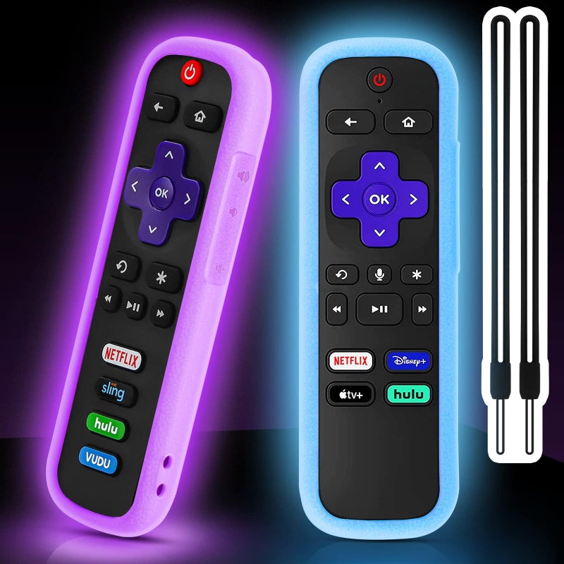 SOTATOO 2Pack Case for Roku Remote, Universal Protective Controller Sleeve for Roku TV Remote with Lanyards Glow Blue Purple - Image 1