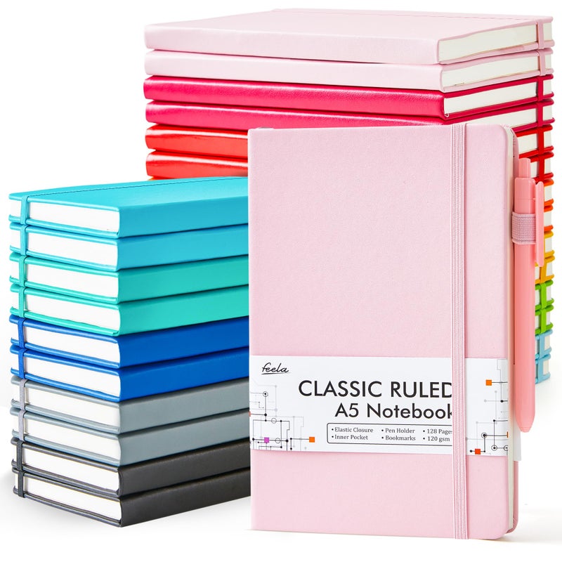 feela 24 Pack Journal Notebook Bulk for Work, Business Notebook Hardcover Lined Writing Journal with Pen Holder for Students Women Note Taking, with 24 Black Pens, 120 GSM, 5.1â€x8.3â€, A5, Solid Colors - Image 1