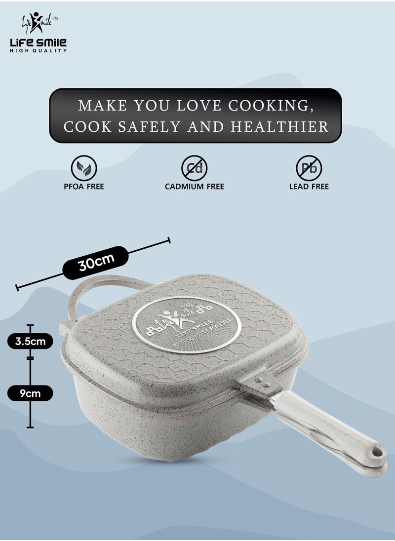 Life Smile - 30 CM Smart Deep Double Grill Pan - Multi Layer Granite Non Stick With Magnetic Handle - Flipping Deep Grill Fry Pan - Multiple Hob Compatibility (Dark Grey) - Image 1