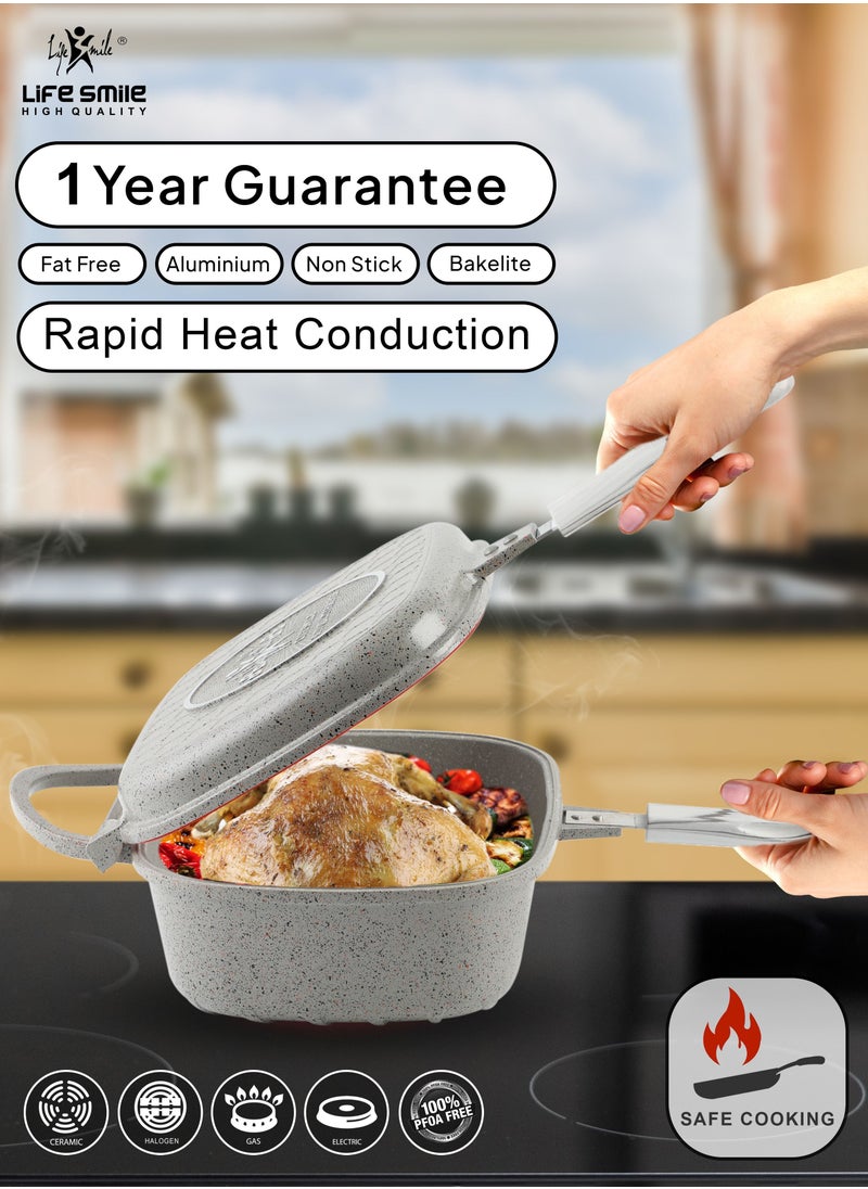 Life Smile - 30 CM Smart Deep Double Grill Pan - Multi Layer Granite Non Stick With Magnetic Handle - Flipping Deep Grill Fry Pan - Multiple Hob Compatibility (Dark Grey) - Image 1