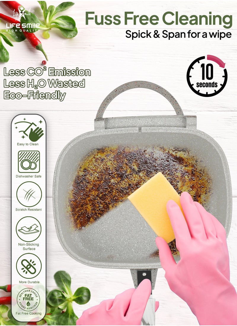 Life Smile - 30 CM Smart Deep Double Grill Pan - Multi Layer Granite Non Stick With Magnetic Handle - Flipping Deep Grill Fry Pan - Multiple Hob Compatibility (Dark Grey) - Image 1