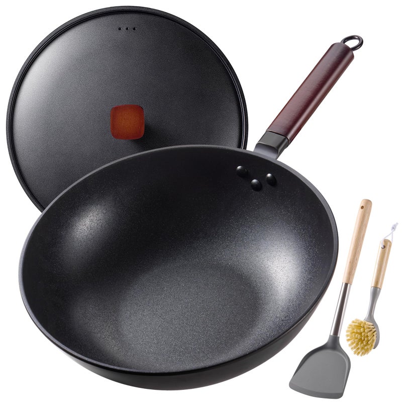 Teewe Carbon Steel Wok 13 Inch Woks Stirfry Pans Nonstick Wok Pan with Lid Spatula and Dish Brush PreSeasoned Flat Bottom Chinese Woks for Induction Electric Gas All Stoves