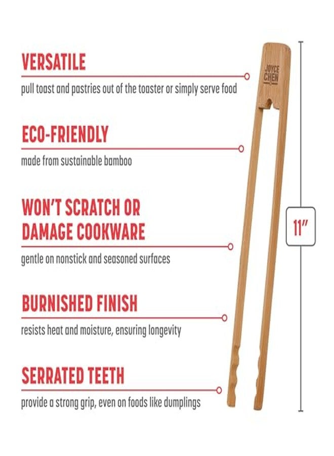 Joyce Chen 11-Inch Burnished Bamboo Tongs with Serrated Teeth, Natural Finish Nonstick Safe Serving Tongs - Image 4