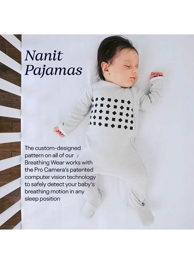 نانيت Breathing Wear Baby Pajamas 100% Cotton, Double Zipper, Footed Pjs With Mitten Cuffs - Works With Pro Baby Monitor To Track Breathing Motion Sensor - Free, Size 0 To 3 Months - Pebble Grey
