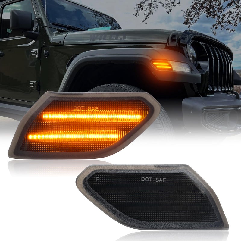 AUYICH LED Front fender Side Marker Light Compatible with Wrangler JL 20182024  Gladiator JT 20202023 Amber Flares Light Accessories Front Wheel Eyebrow Light with Smoke Lens Plug  Play