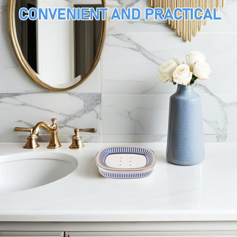 Self Draining Ceramic Soap Dish with Blue Stripes Porous Soap Holder Tray for Bathroom Shower Kitchen - Image 4