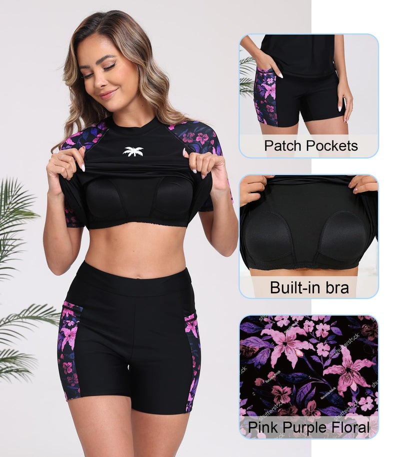 Halcurt Women Bathing Suit Shorts and Top Short Sleeve Rash Guard Shirt Two Piece Swimsuit Floral L - Image 5