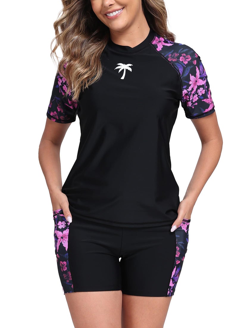 Halcurt Women Bathing Suit Shorts and Top Short Sleeve Rash Guard Shirt Two Piece Swimsuit Floral L - Image 1