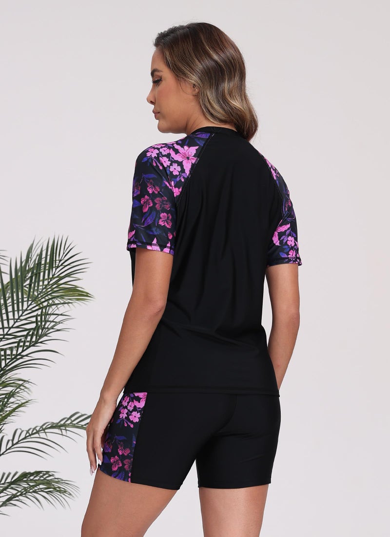 Halcurt Women Bathing Suit Shorts and Top Short Sleeve Rash Guard Shirt Two Piece Swimsuit Floral L - Image 2