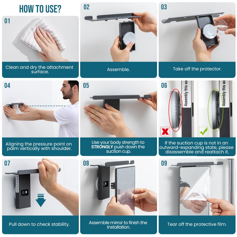 TAILI Shower Mirror Fogless for Shaving - with Powerful Suction, Razor Holder for Shower, Anti-Fog Adjustable for Bathroom,Makeup Shave Mirror Wall Mounted, Shatterproof & Removable,Grey - Image 5