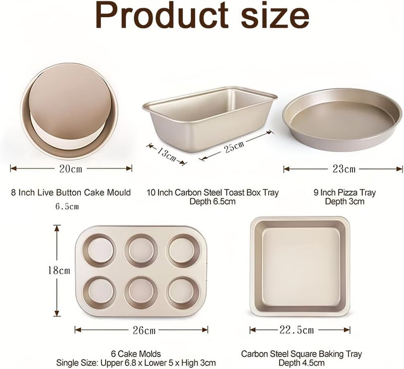 N.C 5 Pieces Bakeware Set, Carbon Steel Nonstick Baking Pans,Oven Set,With Springform Pan, 6-Cup Muffin Square Roasting Pizza Tray, Rectangular Toast Box, Kitchen Tools - Image 2