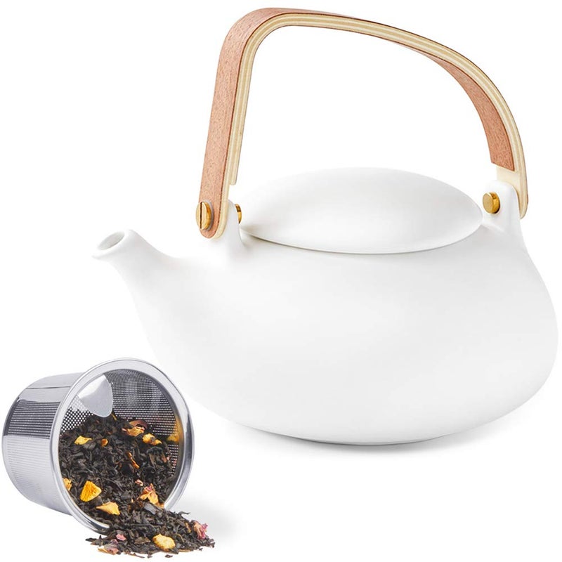 ZENS Teapot with Infuser Ceramic Japanese 2cup Teapot for Loose Leaf Tea 800ml Small Matte White Porcelain Tea Pot Gift with Modern Bentwood Handle