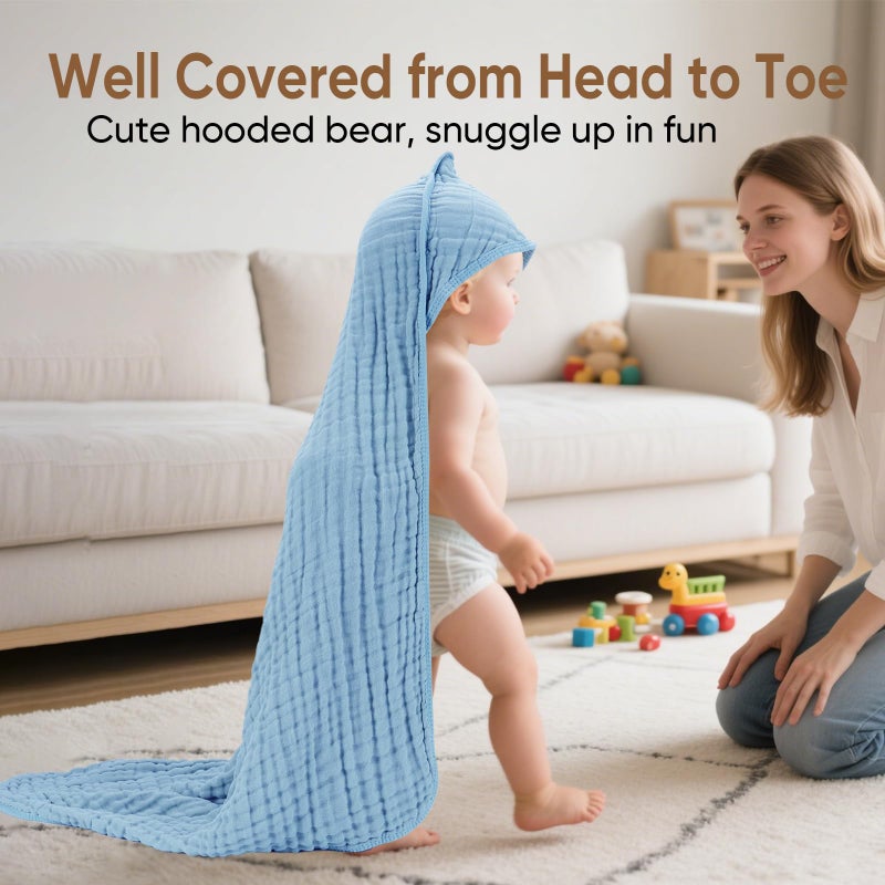 MIGIOL Muslin Baby Towels 100% Cotton ï¼ŒSuper Soft Muslin Baby Bath Towel - 32 x 32 Inches, Suitable for Newborn and Young Children up to 3 Years Old. (Light Blue & Dark Blue) - Image 2