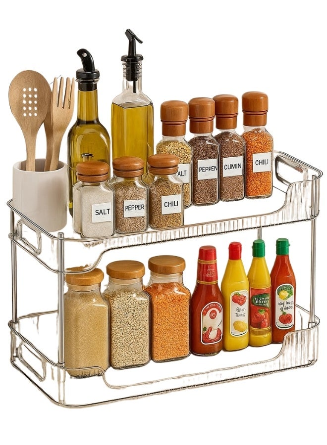 منظم أكريليك من طبقتين قابل للتكديس لتوفير المساحة – رف تخزين شفاف متعدد الاستخدامات لتنظيم التوابل والعُلب والمعلبات على سطح الطاولة أو داخل الخزانة وخزانة المؤن – منظم مطبخ عملي بمقاس 30×25 سم - Image 2