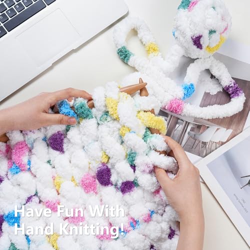 Cozyful Chunky Yarn for Hand Knitting - #10 Chunky Chenille Blanket Yarn, Jumbo Big Thick Chunky Yarns for Crocheting, Tie Dye Bulky Knit Yarns, 8 Skein (20 yds 8 oz Each Skein), Rainbow & White - Image 5