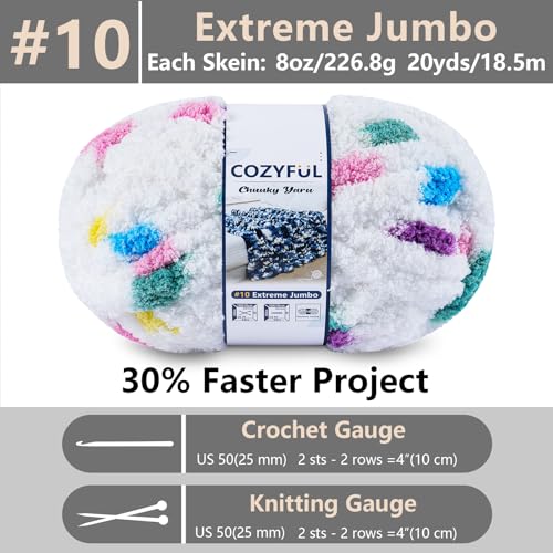 Cozyful Chunky Yarn for Hand Knitting - #10 Chunky Chenille Blanket Yarn, Jumbo Big Thick Chunky Yarns for Crocheting, Tie Dye Bulky Knit Yarns, 8 Skein (20 yds 8 oz Each Skein), Rainbow & White - Image 2