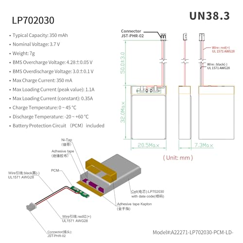 EEMB 3.7V Lipo Battery 350mAh 702030 Lithium Polymer ion Battery Rechargeable with JST Connector Make Sure Device Polarity Matches with Device Before Purchase!!! - Image 2