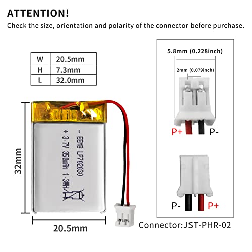 EEMB 3.7V Lipo Battery 350mAh 702030 Lithium Polymer ion Battery Rechargeable with JST Connector Make Sure Device Polarity Matches with Device Before Purchase!!! - Image 3