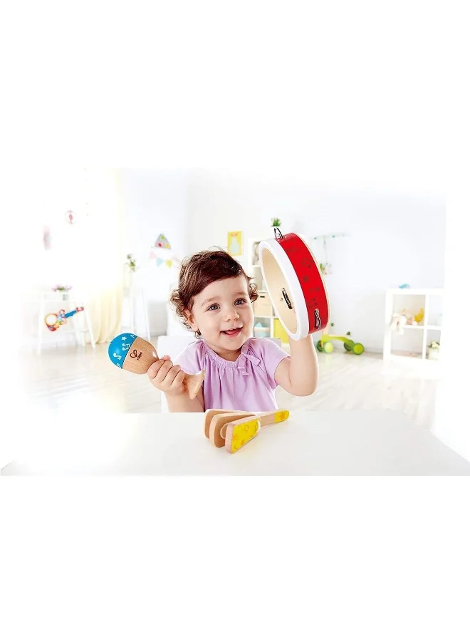 هيب Hape Junior Percussion Set | 3-Piece Wooden Musical Instrument Set for Toddlers | Includes Ring Bell, Maraca, and Clapper | Safe for Young Ears | Vibrant Colors | Group or Solo Play | Music Toy | 12M+