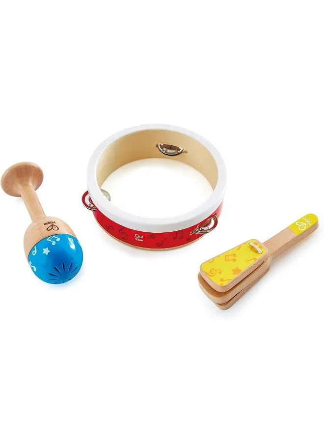 هيب Hape Junior Percussion Set | 3-Piece Wooden Musical Instrument Set for Toddlers | Includes Ring Bell, Maraca, and Clapper | Safe for Young Ears | Vibrant Colors | Group or Solo Play | Music Toy | 12M+