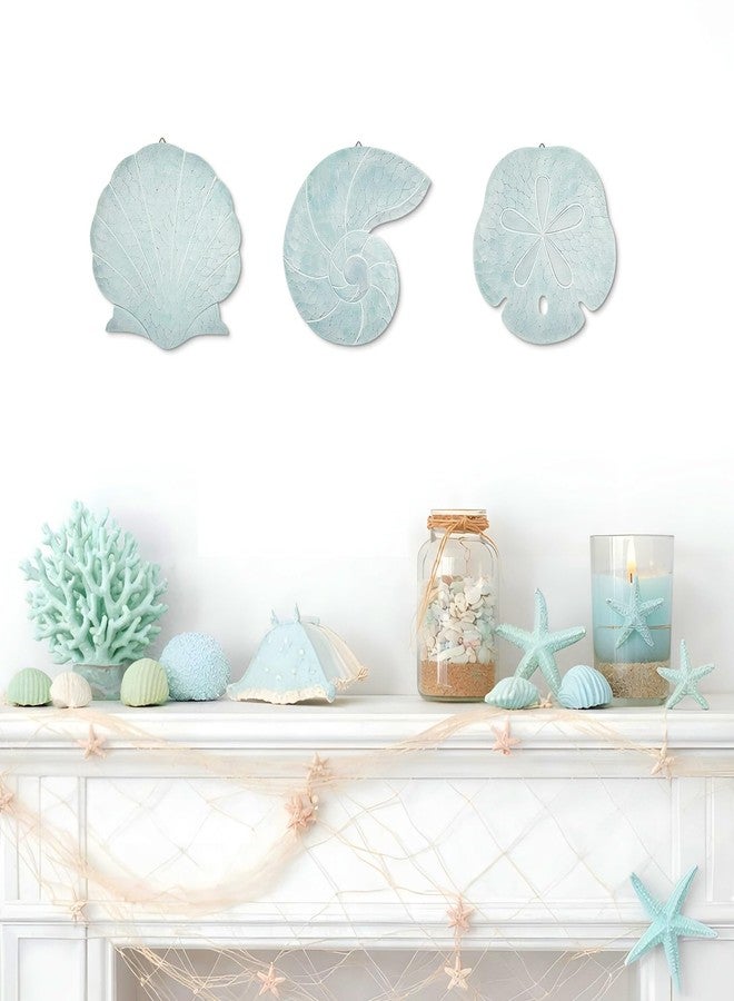 Novabright 3 Pcs Summer Coastal Wall Decor Blue Beach Wall Art Wooden Sand Dollar Nautilus Scallop Shell Decor Hanging Wood Beach Ocean Sand Dollars Art for Bathroom Living Room Lake House Entryway - Image 2