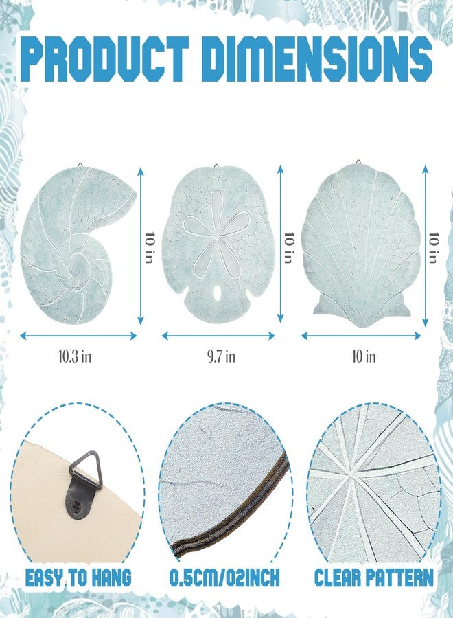 Novabright 3 Pcs Summer Coastal Wall Decor Blue Beach Wall Art Wooden Sand Dollar Nautilus Scallop Shell Decor Hanging Wood Beach Ocean Sand Dollars Art for Bathroom Living Room Lake House Entryway - Image 3