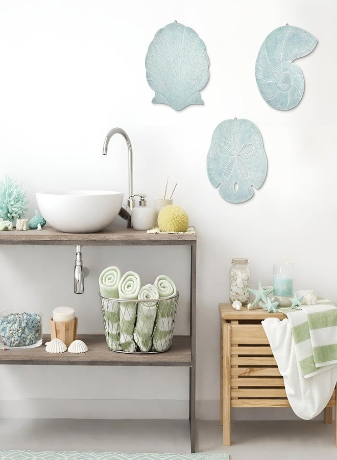 Novabright 3 Pcs Summer Coastal Wall Decor Blue Beach Wall Art Wooden Sand Dollar Nautilus Scallop Shell Decor Hanging Wood Beach Ocean Sand Dollars Art for Bathroom Living Room Lake House Entryway - Image 5