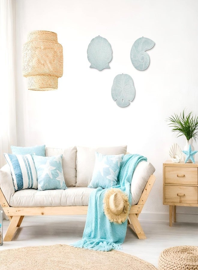 Novabright 3 Pcs Summer Coastal Wall Decor Blue Beach Wall Art Wooden Sand Dollar Nautilus Scallop Shell Decor Hanging Wood Beach Ocean Sand Dollars Art for Bathroom Living Room Lake House Entryway - Image 4