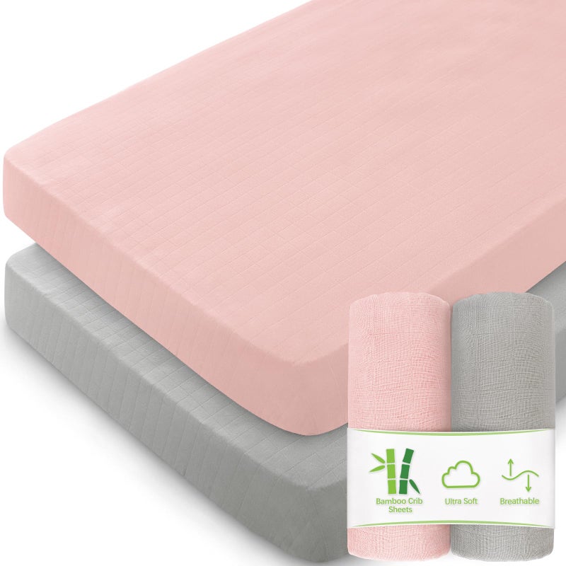 Biloban Muslin Crib Sheets for Boys and Girls 2 Pack Ultra Soft Muslin Fitted Baby Crib Sheet for Standard Crib Mattress Toddler Bed Mattress Grey and Pink