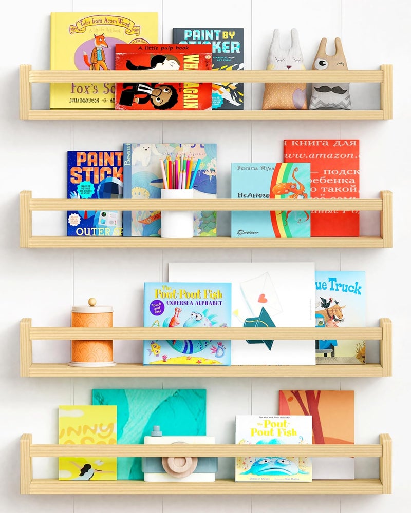 Forbena Natural Wood Nursery Bookshelves for Wall 24 Inches Long Floating Book Shelves Wall Mounted Bookcase for Baby Teen Girl Boy Kids Room Bedroom Playroom Organizer Bathroom Decor 4Pack