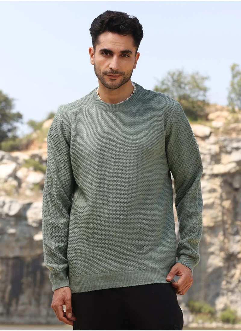 Campus Sutra Men's Sage Green Textured Knit Pullover Sweater