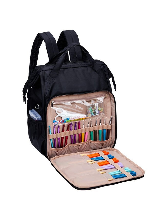 حقيبة ظهر للحياكة ومنظم تخزين من الكروشيه وحامل خيوط كبير مع جيب أمامي مخصص لإكسسوارات ومستلزمات الكروشيه باللون الأسود - Image 2