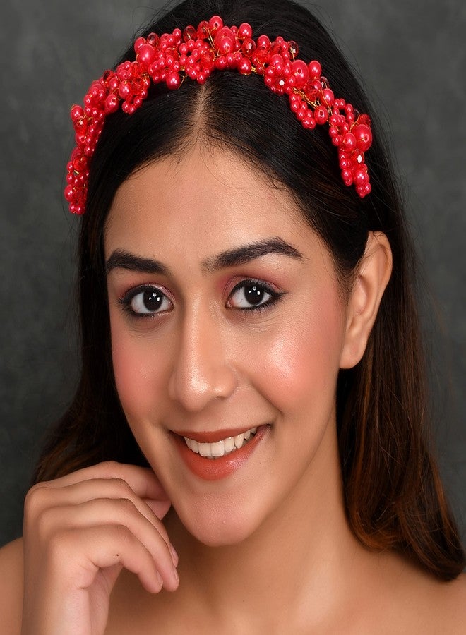 ايشواريا طوق شعر مزين باللؤلؤ الأحمر من آيشواريا، إكسسوار شعر مثالي للحفلات والمهرجانات للنساء والفتيات - Image 2
