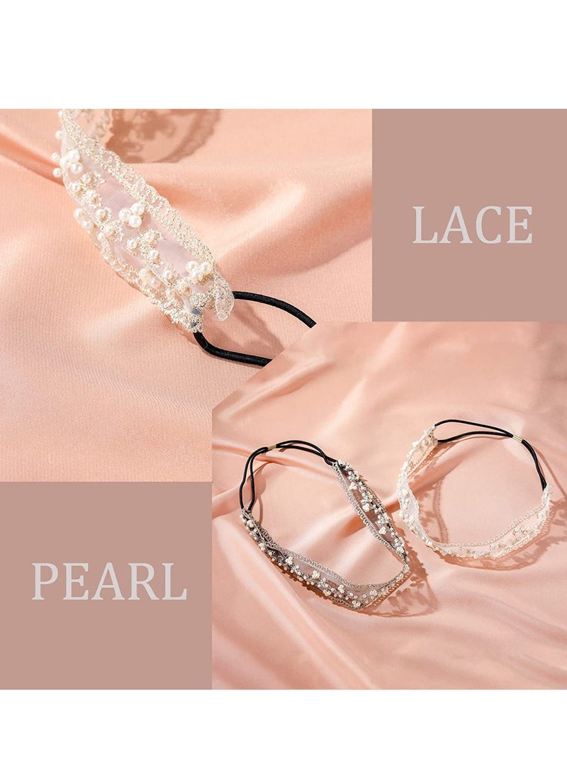Loquat Lace Headbands Women Girls Stretch Wide Floral Lace Headwrap Fashion Hair Scarf Turban Accessories, Tulle Flowers Wedding Headband for Girls Princess Pearl Hair Accessories for Birthday Party 2 PCS - Image 3