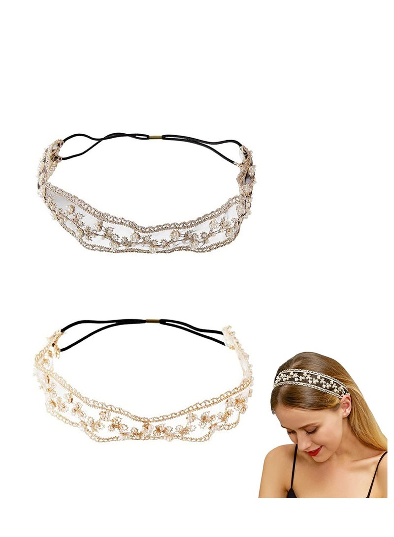 Loquat Lace Headbands Women Girls Stretch Wide Floral Lace Headwrap Fashion Hair Scarf Turban Accessories, Tulle Flowers Wedding Headband for Girls Princess Pearl Hair Accessories for Birthday Party 2 PCS - Image 1