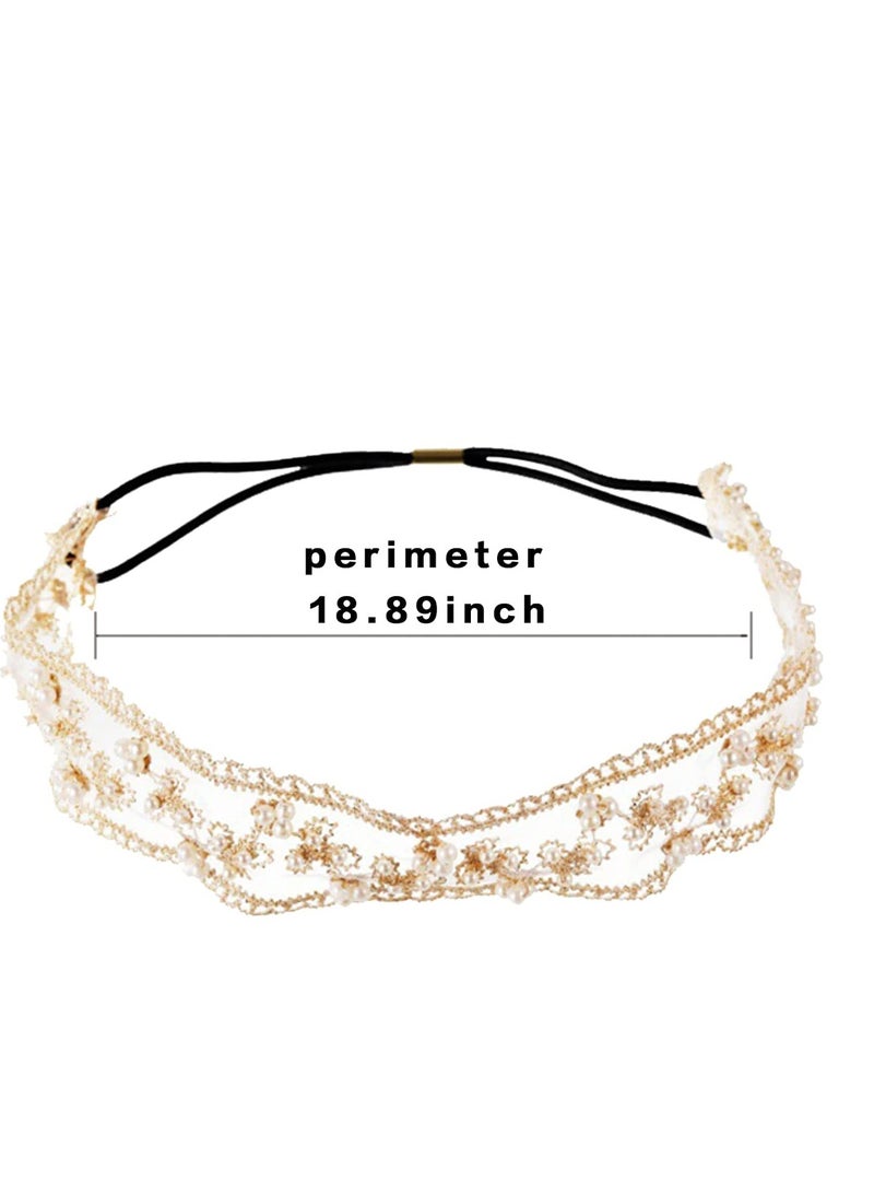 Loquat Lace Headbands Women Girls Stretch Wide Floral Lace Headwrap Fashion Hair Scarf Turban Accessories, Tulle Flowers Wedding Headband for Girls Princess Pearl Hair Accessories for Birthday Party 2 PCS - Image 2