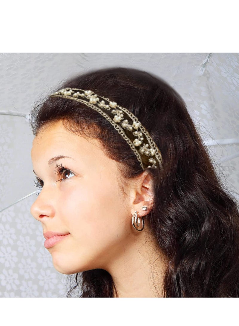 Loquat Lace Headbands Women Girls Stretch Wide Floral Lace Headwrap Fashion Hair Scarf Turban Accessories, Tulle Flowers Wedding Headband for Girls Princess Pearl Hair Accessories for Birthday Party 2 PCS - Image 4