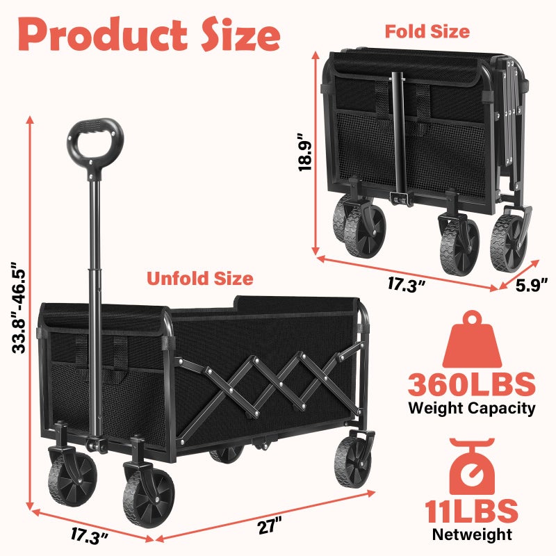 Yollber Wagons Carts Foldable, 360 Lbs with Adjustable Handle, Black Lightweight Portable, Collapsible Wagon for Camping, Shopping, Sports, Travel, Garage and Gardening Storage with Drink Holders - Image 3