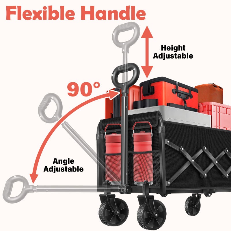 Yollber Wagons Carts Foldable, 360 Lbs with Adjustable Handle, Black Lightweight Portable, Collapsible Wagon for Camping, Shopping, Sports, Travel, Garage and Gardening Storage with Drink Holders - Image 4